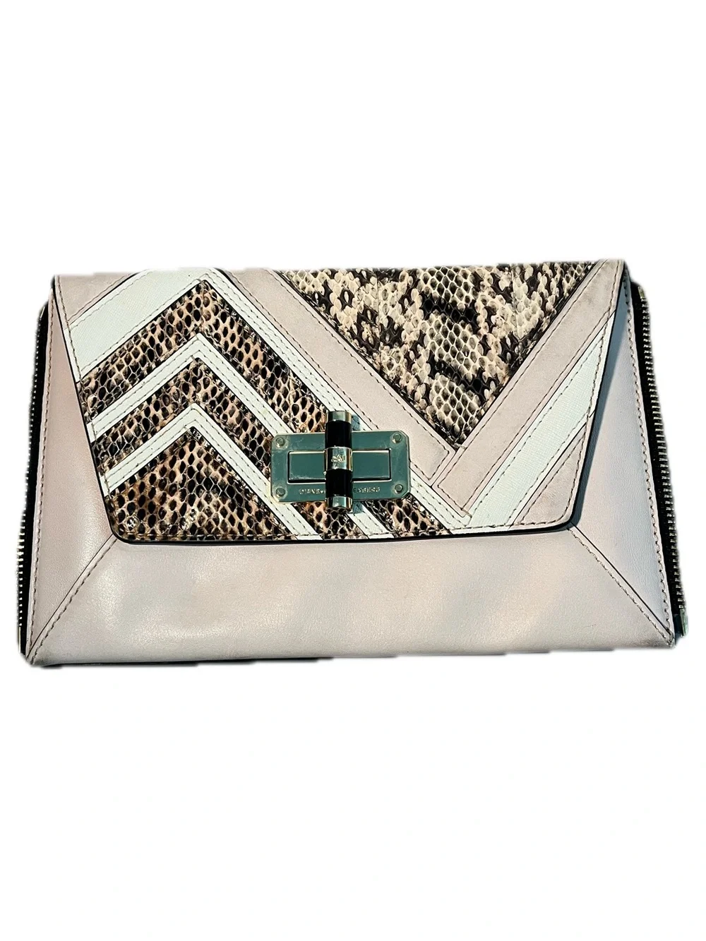 Diane Von Furstenberg Evening Clutch Beige off pink Snake-Texture Leather Clutch